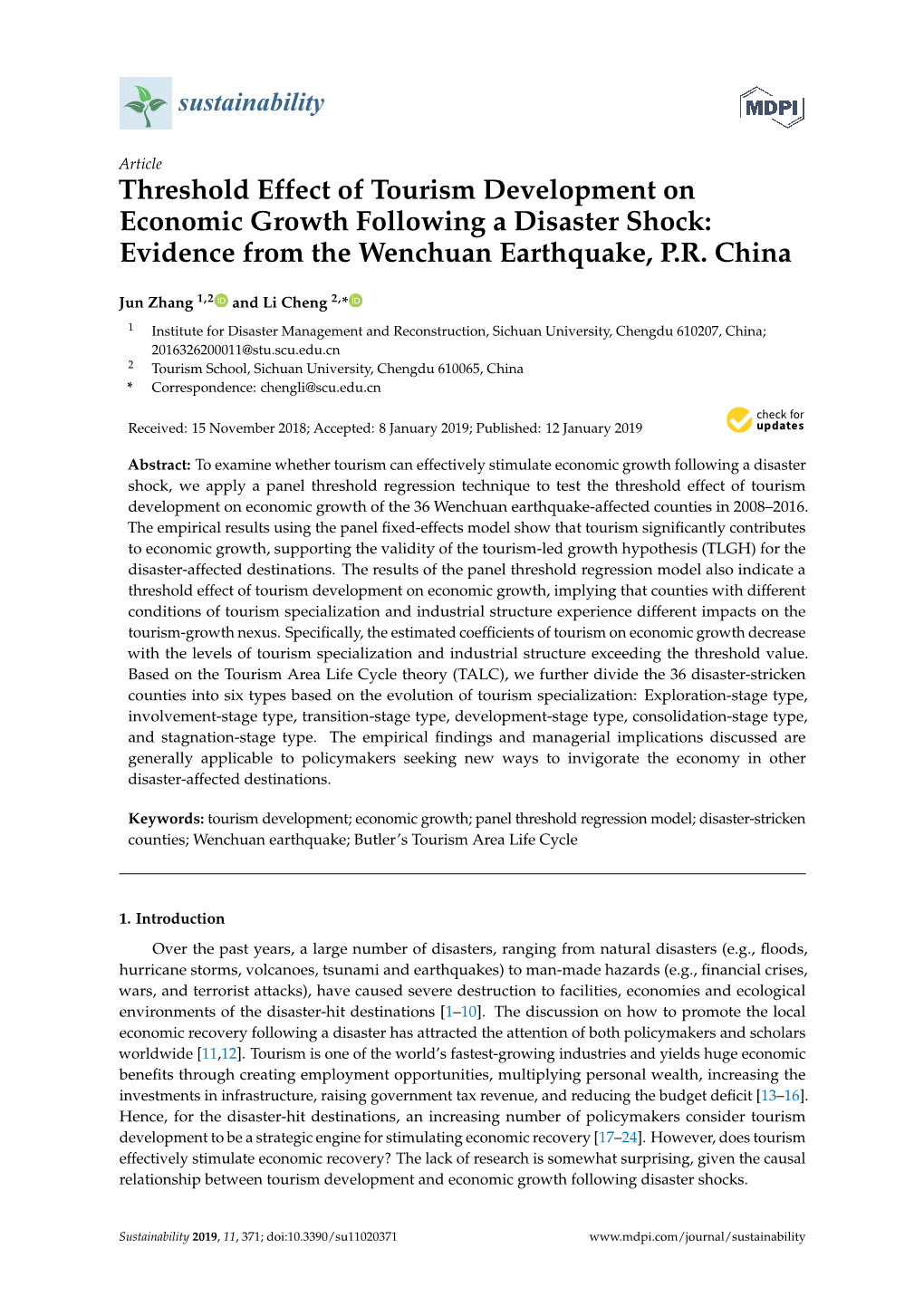 Threshold Effect of Tourism Development on Economic Growth Following a Disaster Shock: Evidence from the Wenchuan Earthquake, P.R