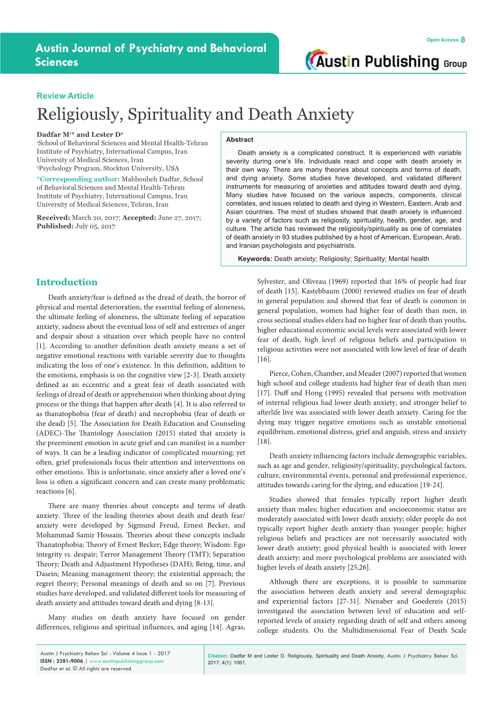 Religiously, Spirituality and Death Anxiety