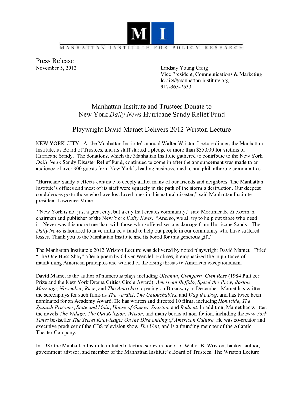 Press Release Manhattan Institute and Trustees Donate to New York
