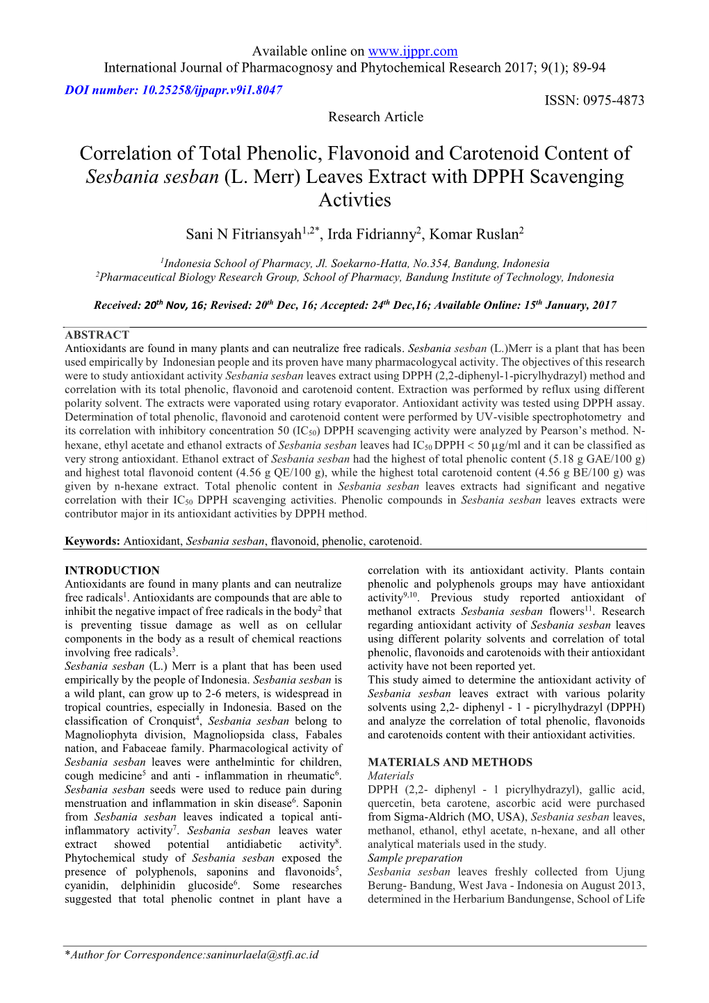 Correlation of Total Phenolic, Flavonoid and Carotenoid Content of Sesbania Sesban (L