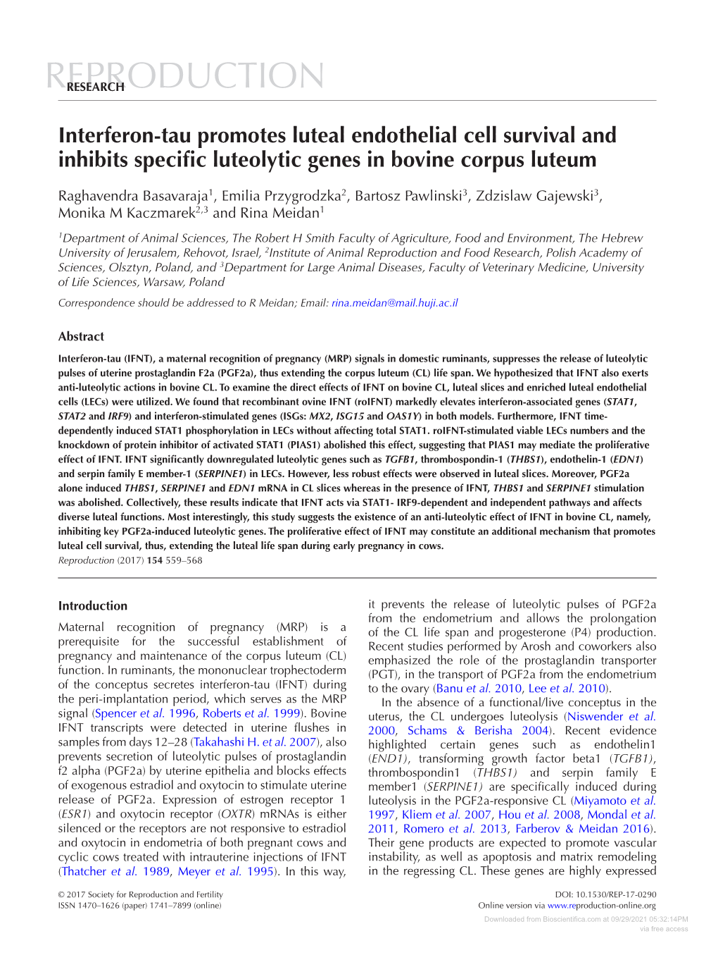 Interferon-Tau Promotes Luteal Endothelial Cell Survival and Inhibits Specific Luteolytic Genes in Bovine Corpus Luteum