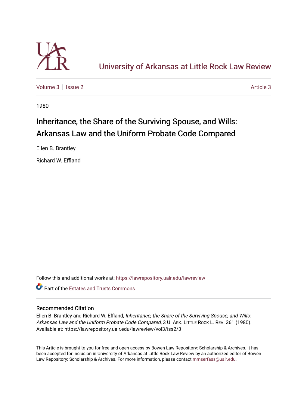 Inheritance, the Share of the Surviving Spouse, and Wills: Arkansas Law and the Uniform Probate Code Compared