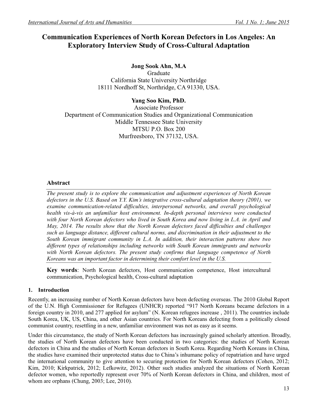 Communication Experiences of North Korean Defectors in Los Angeles: an Exploratory Interview Study of Cross-Cultural Adaptation