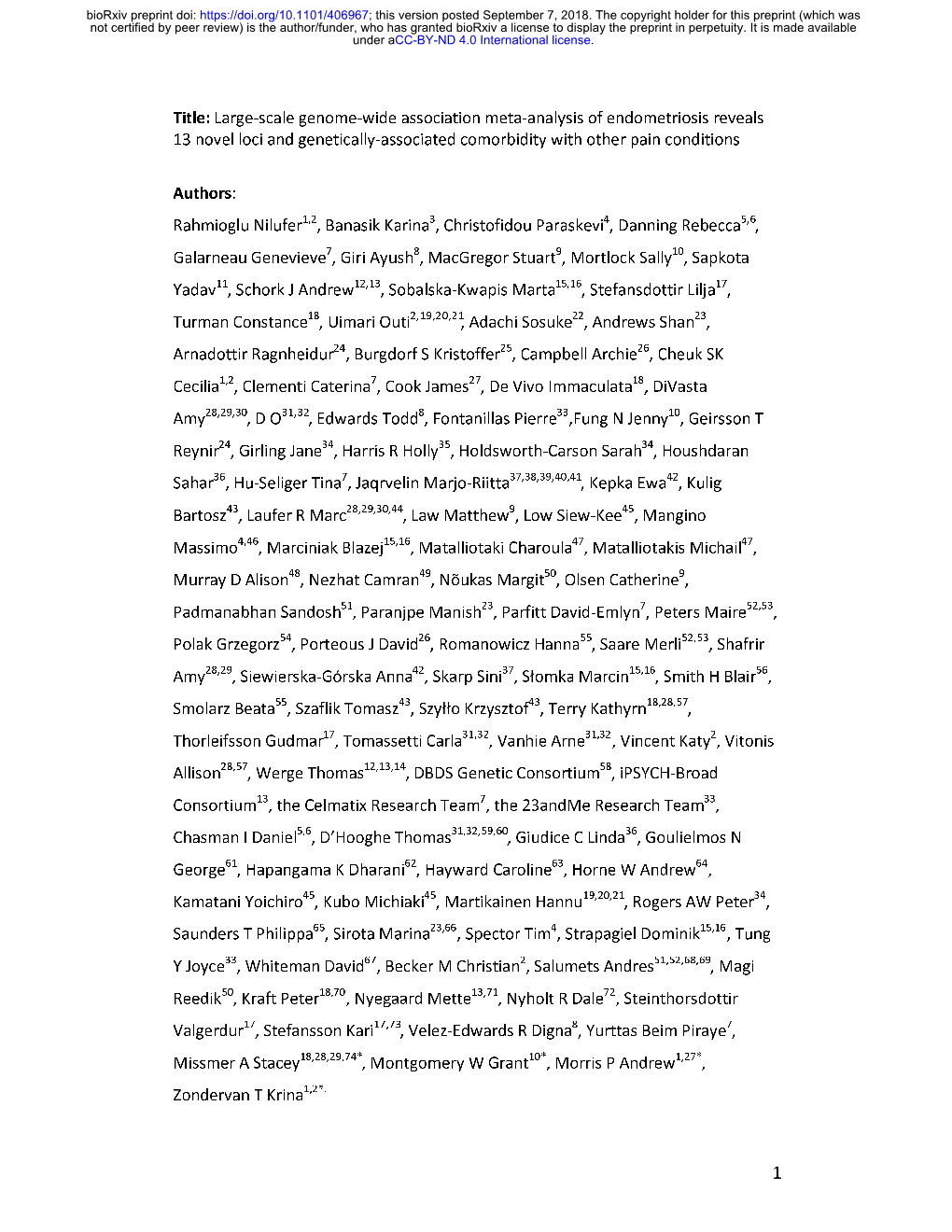 Large-Scale Genome-Wide Association Meta-Analysis of Endometriosis Reveals 13 Novel Loci and Genetically-Associated Comorbidity with Other Pain Conditions