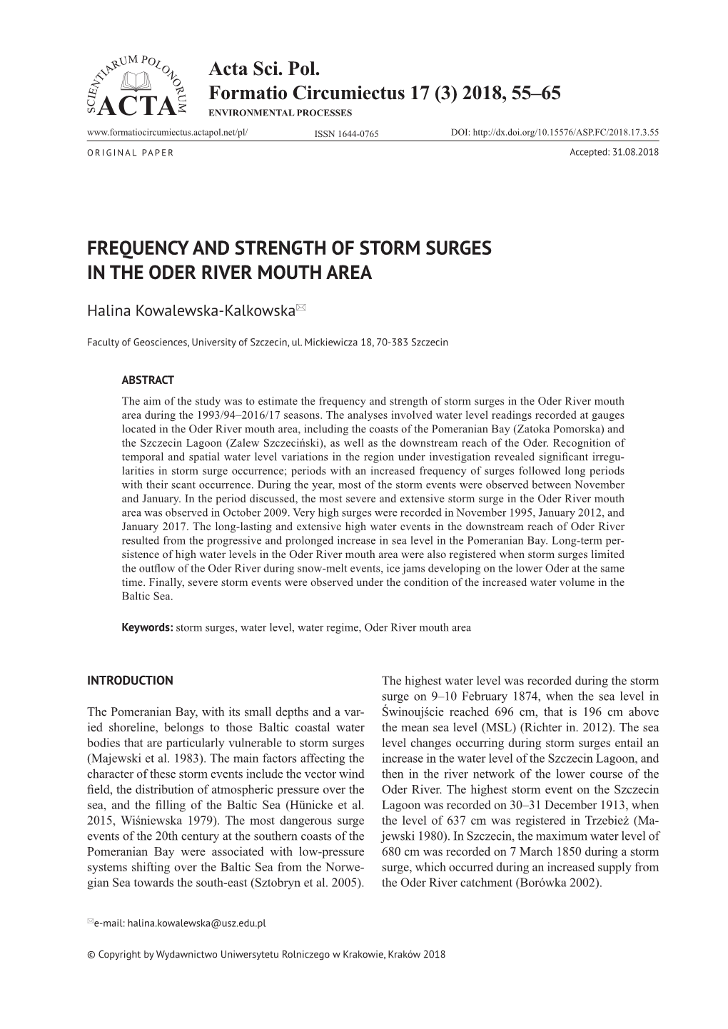 2018, 55–65 Frequency and Strength of Storm Surges in the Oder River Mouth Area