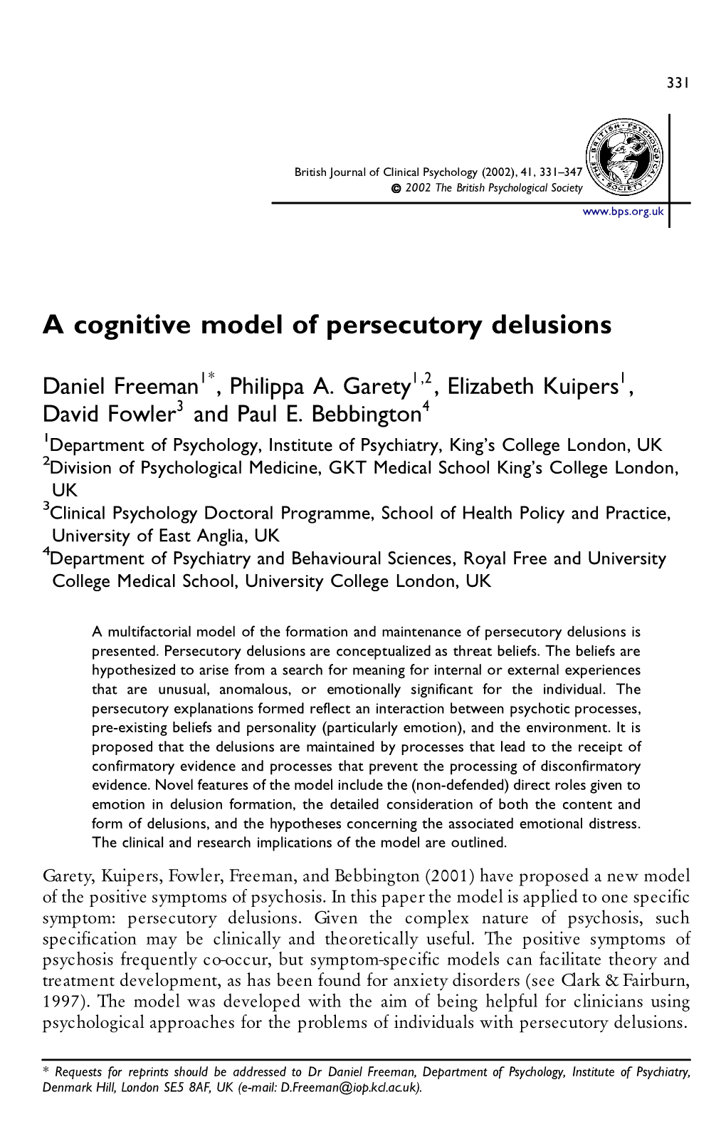 A Cognitive Model of Persecutory Delusions