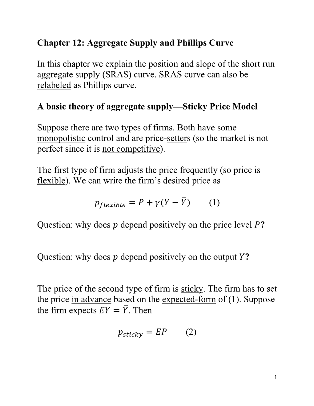 Chapter 12: Aggregate Supply and Phillips Curve