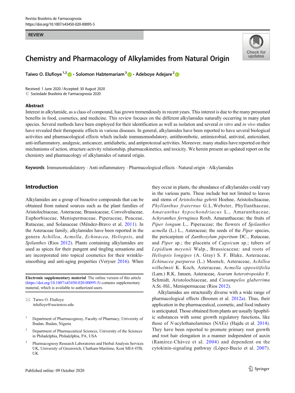 Chemistry and Pharmacology of Alkylamides from Natural Origin