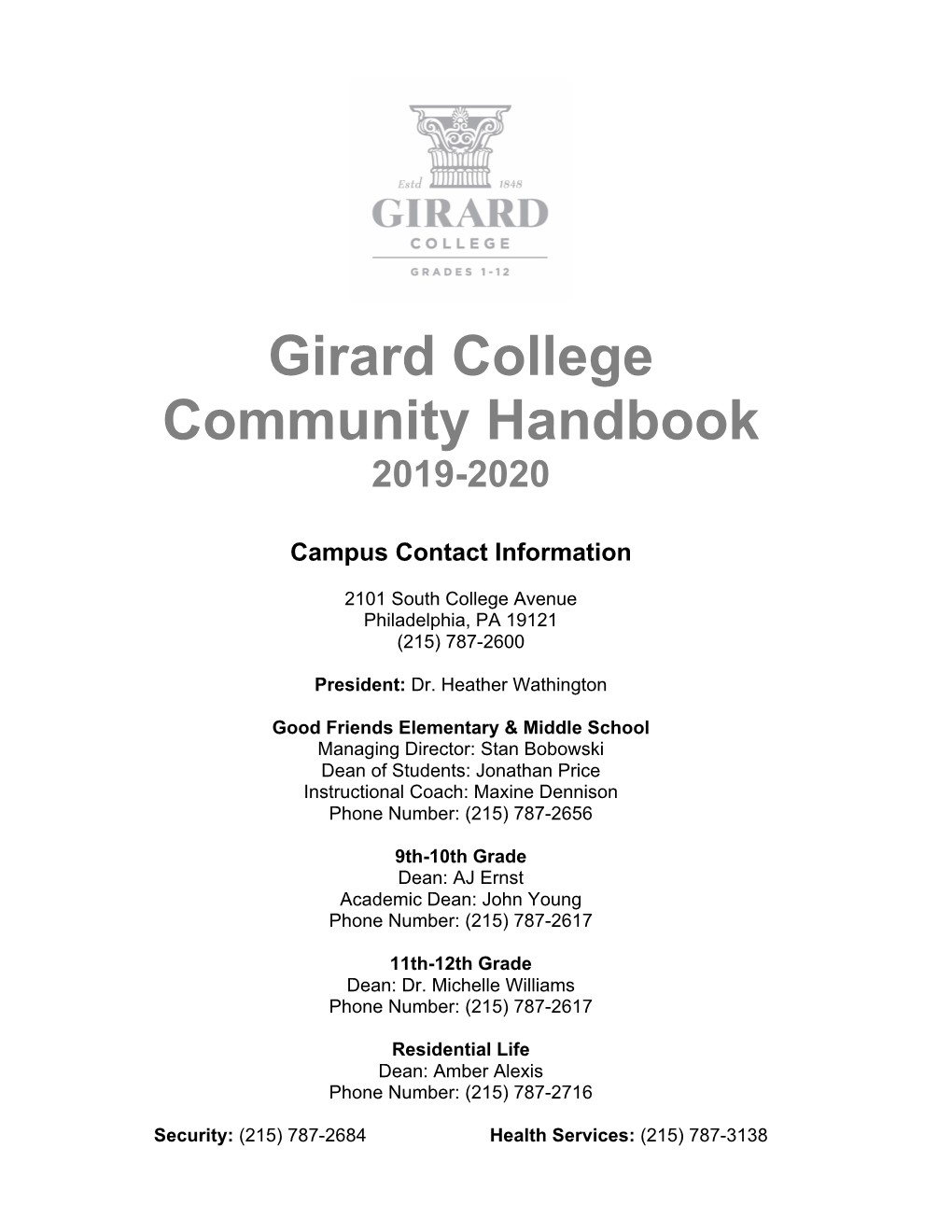 Girard College Community Handbook 2019-2020