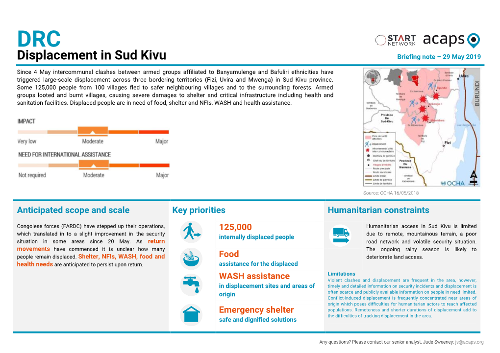 DRC, Displacement in Sud Kivu, Briefing Note