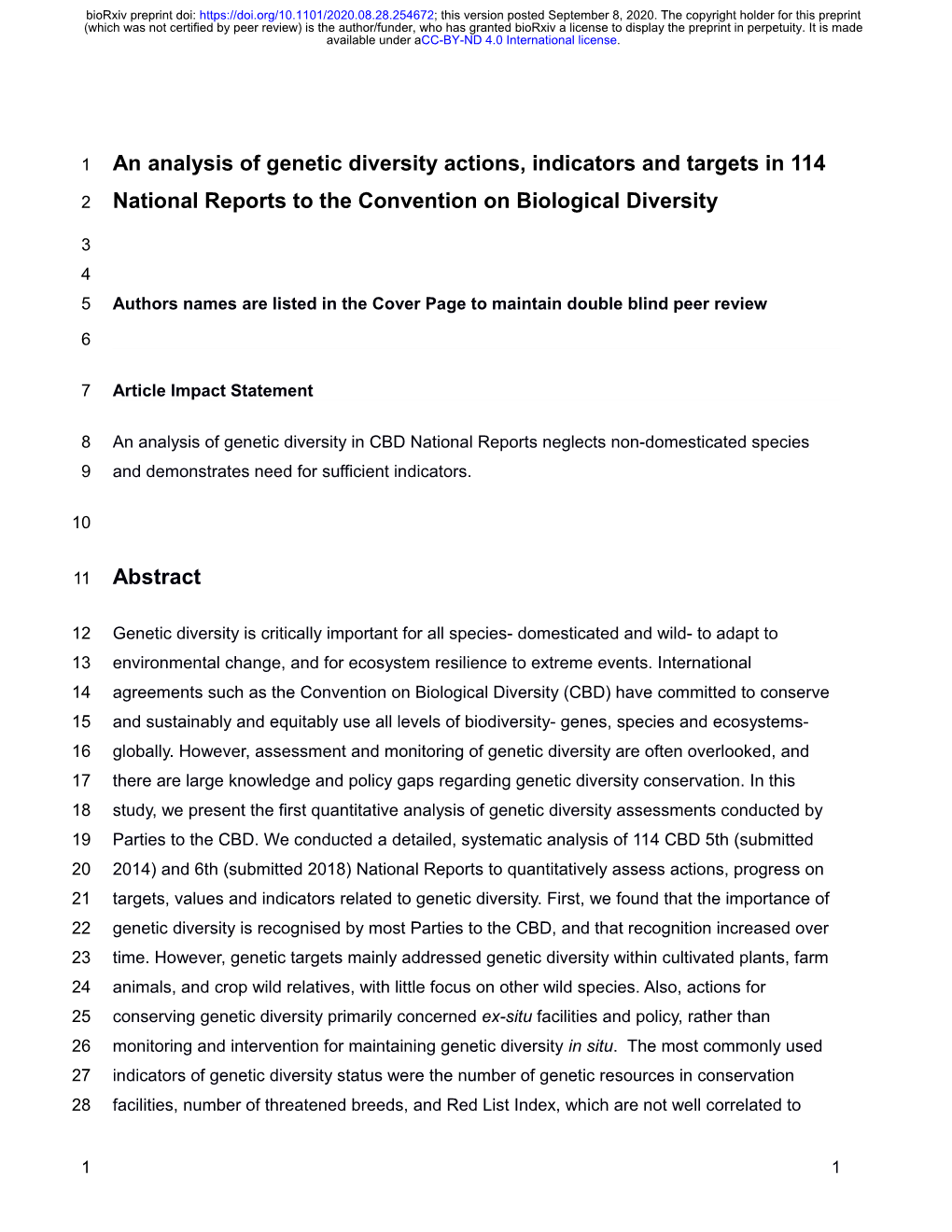 An Analysis of Genetic Diversity Actions, Indicators and Targets in 114