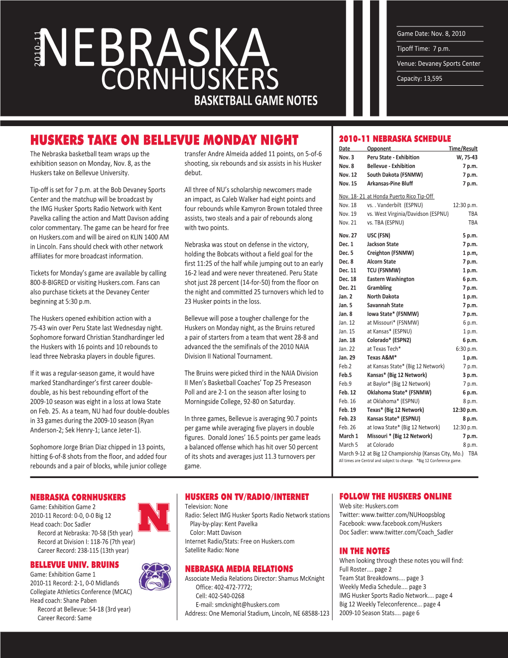 CORNHUSKERS Capacity: 13,595 BASKETBALL GAME NOTES