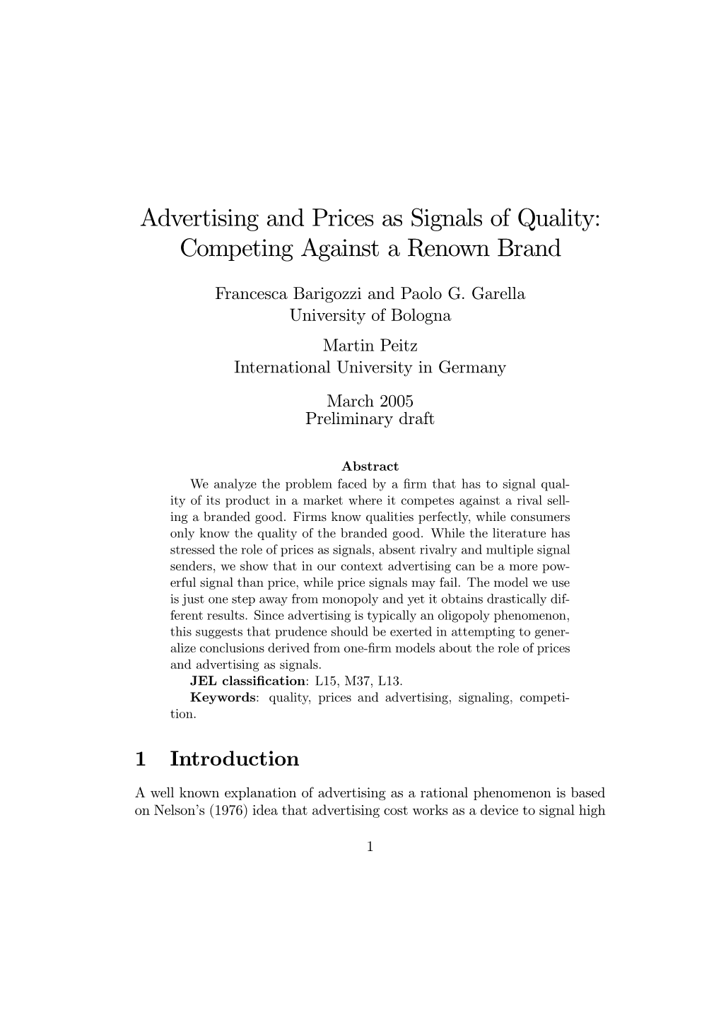 Advertising and Prices As Signals of Quality: Competing Against a Renown Brand