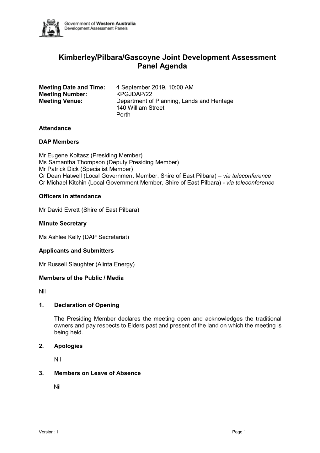 Kimberley/Pilbara/Gascoyne Joint Development Assessment Panel Agenda