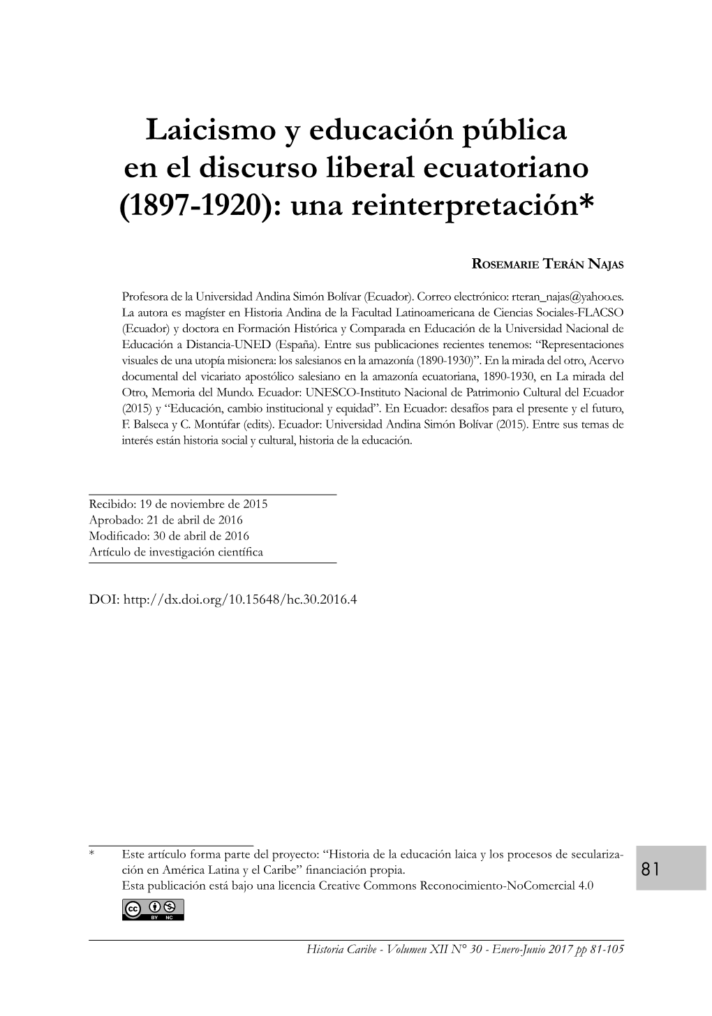 Laicismo Y Educación Pública En El Discurso Liberal Ecuatoriano (1897-1920): Una Reinterpretación*