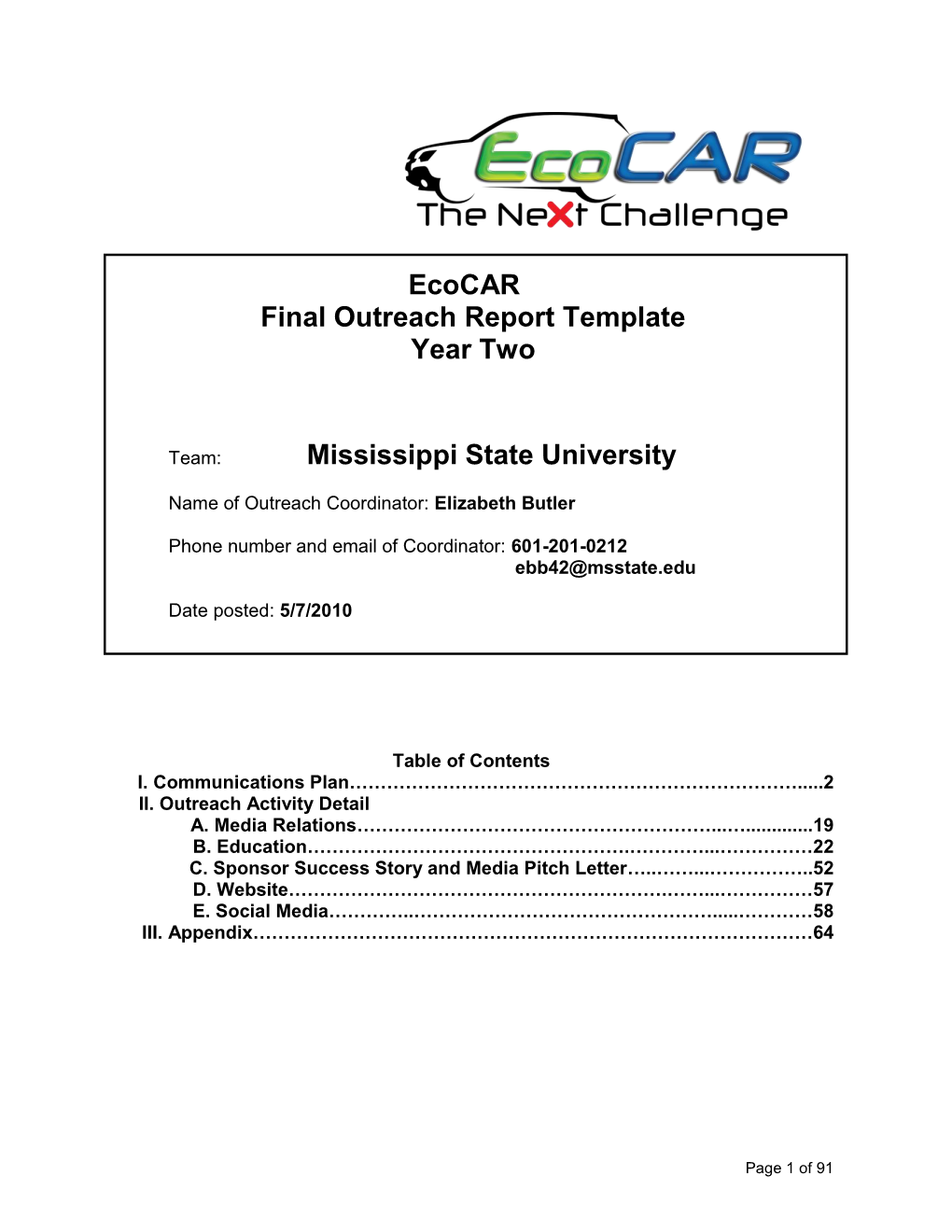 Ecocar Final Outreach Report Template Year Two Mississippi