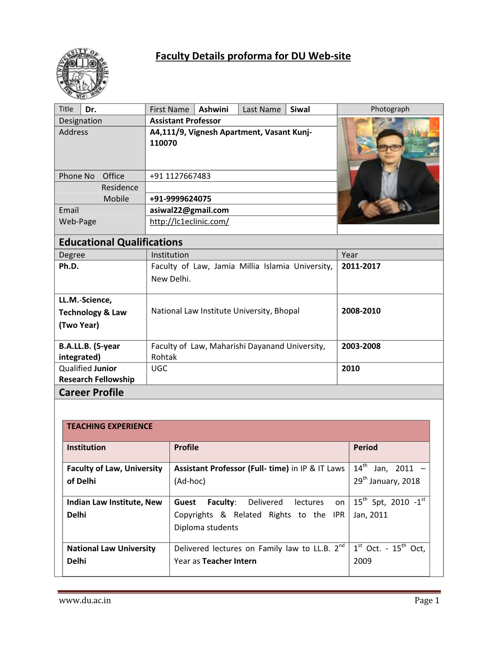 Educational Qualifications Career Profile Faculty