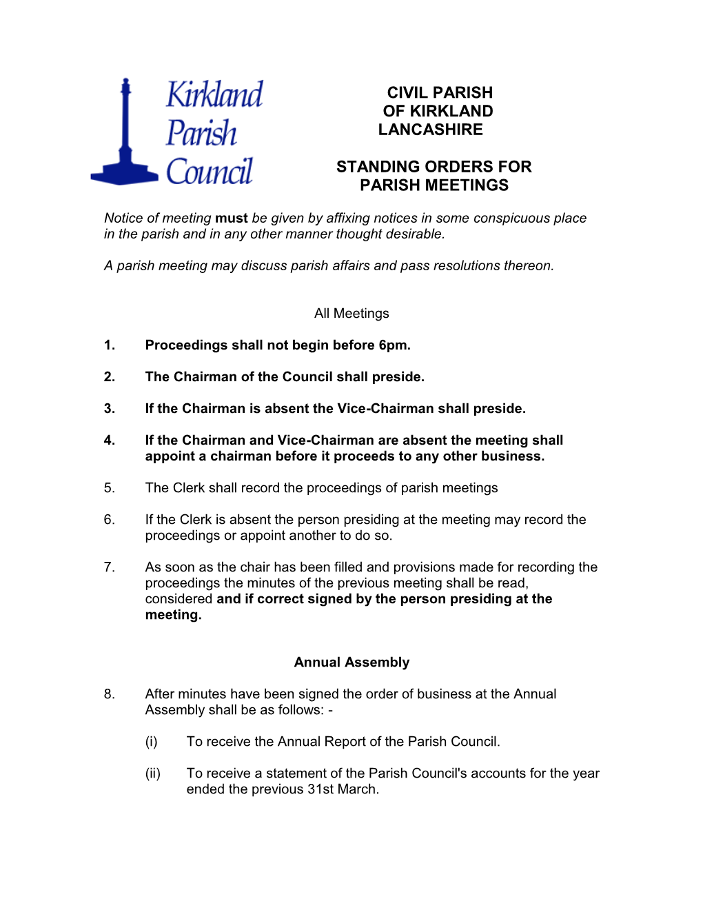 Civil Parish of Kirkland Lancashire Standing Orders