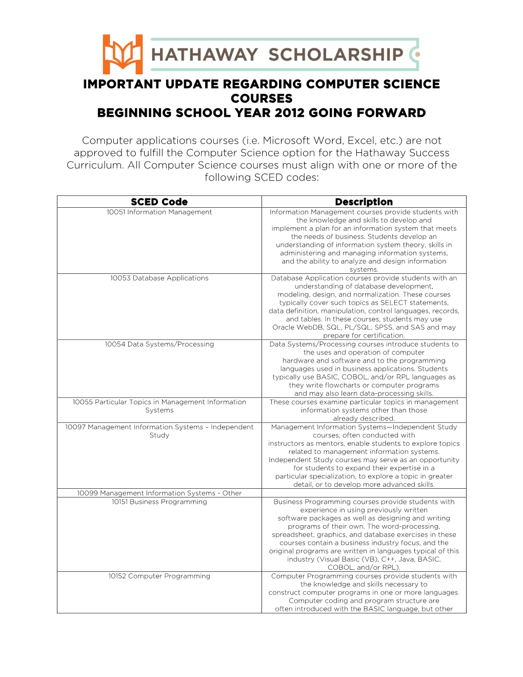 Hathaway Success Curriculum Update, Computer Science Courses