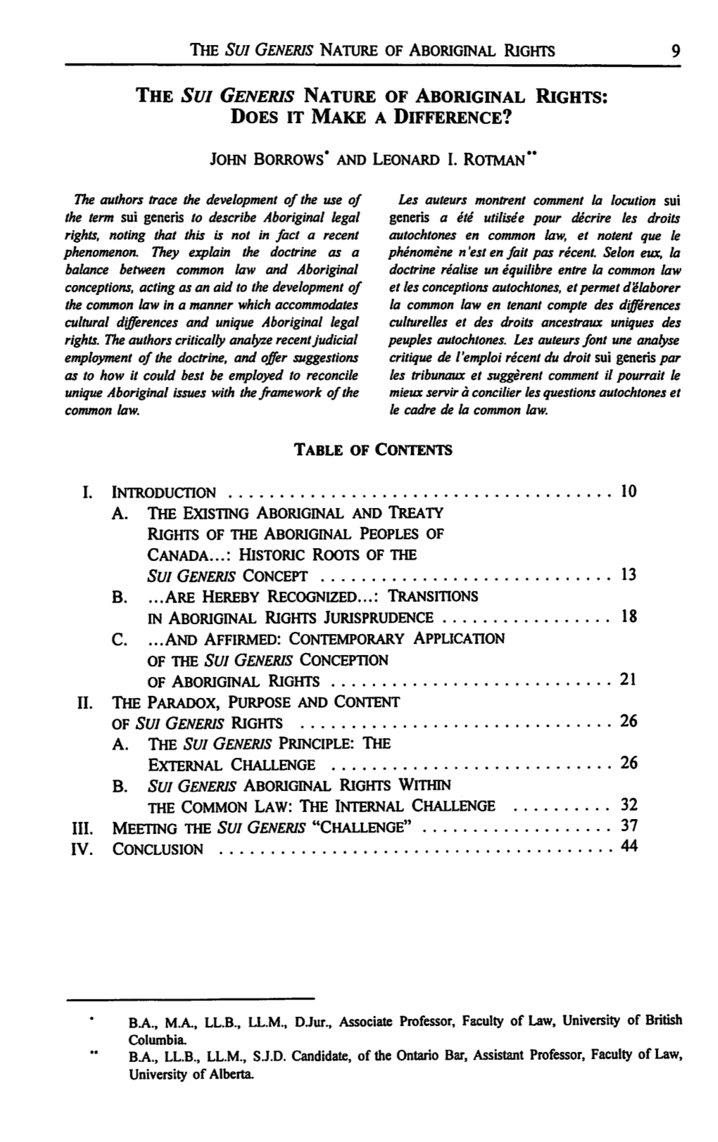 The Sui Generis Nature of Aboriginal Rights: Does It Make a Difference?