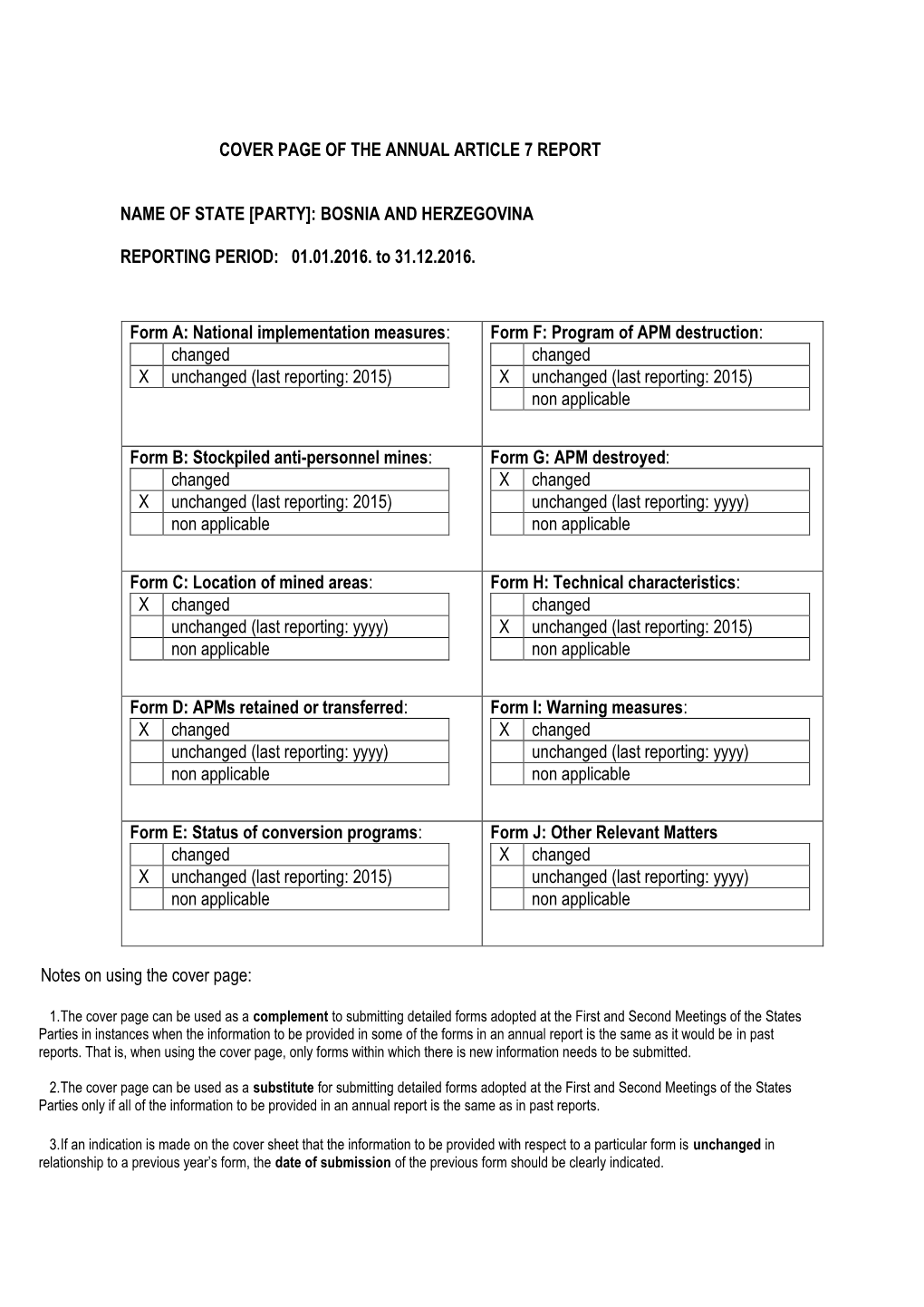 Cover Page of the Annual Article 7 Report Name Of