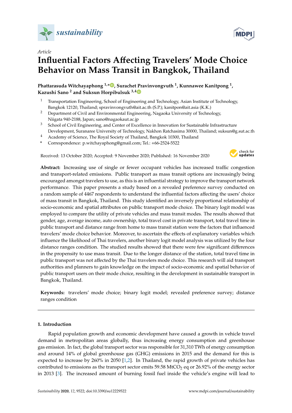 Influential Factors Affecting Travelers' Mode Choice Behavior On