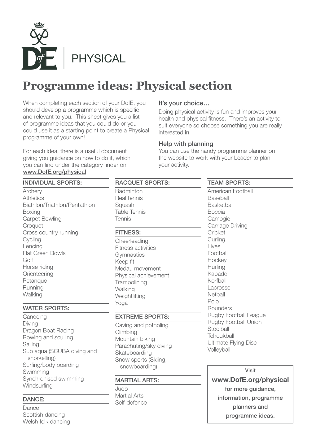 Programme Ideas: Physical Section