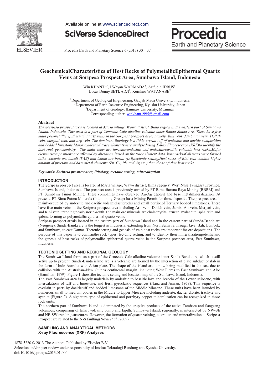 Geochemical Characteristics of Host Rocks of Polymetallic Epithermal Quartz Veins at Soripesa Prospect Area, Sumbawa Island