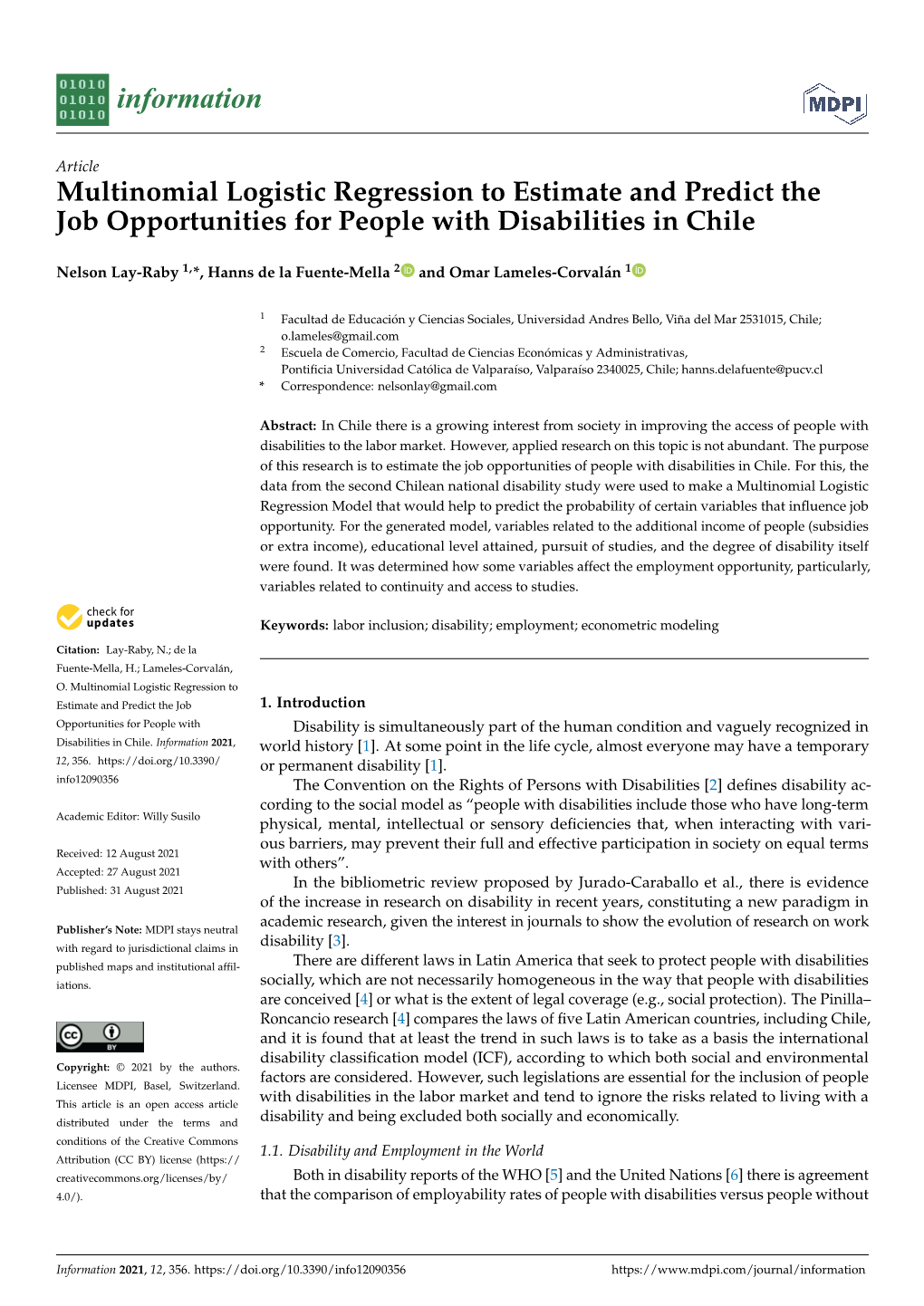 Multinomial Logistic Regression to Estimate and Predict the Job Opportunities for People with Disabilities in Chile