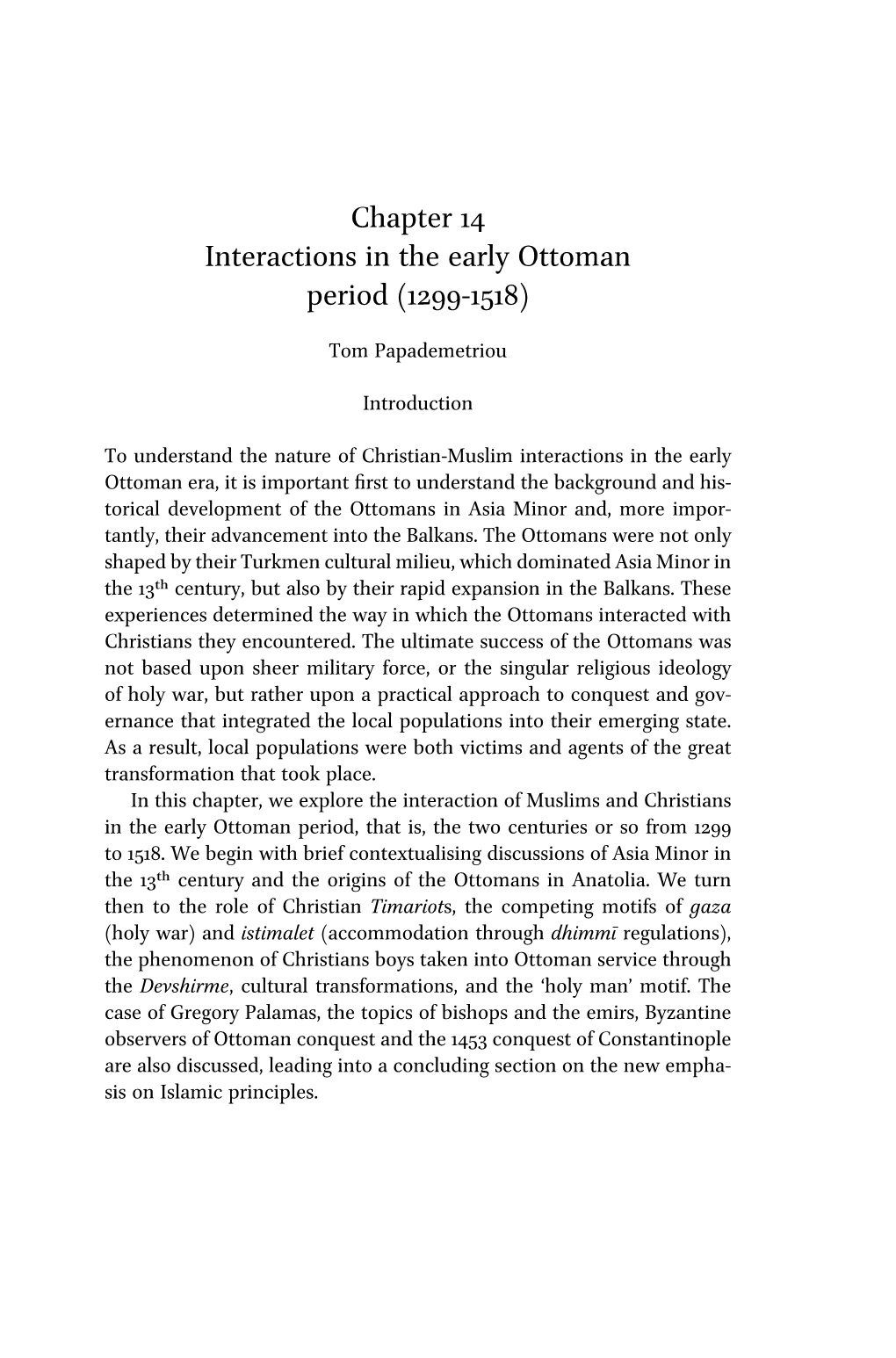 Chapter 14 Interactions in the Early Ottoman Period (1299-1518)