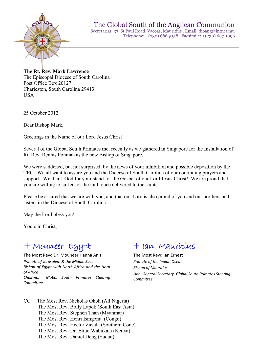 Letter of Support from Global South Primates Following Lawrence's