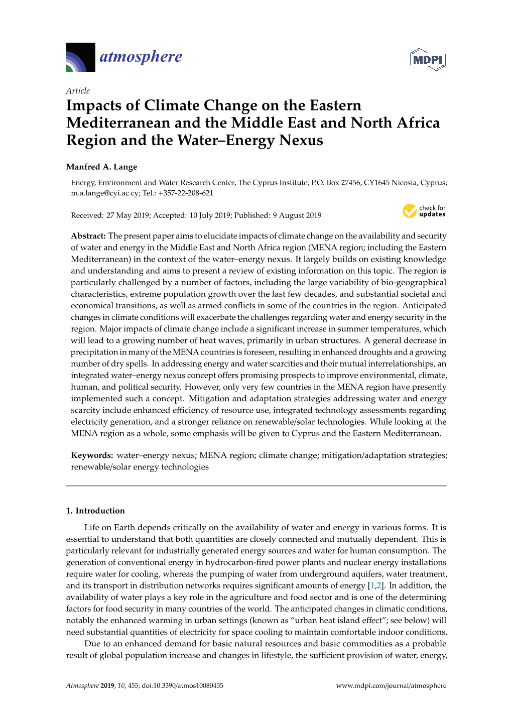 Impacts of Climate Change on the Eastern Mediterranean and the Middle East and North Africa Region and the Water–Energy Nexus