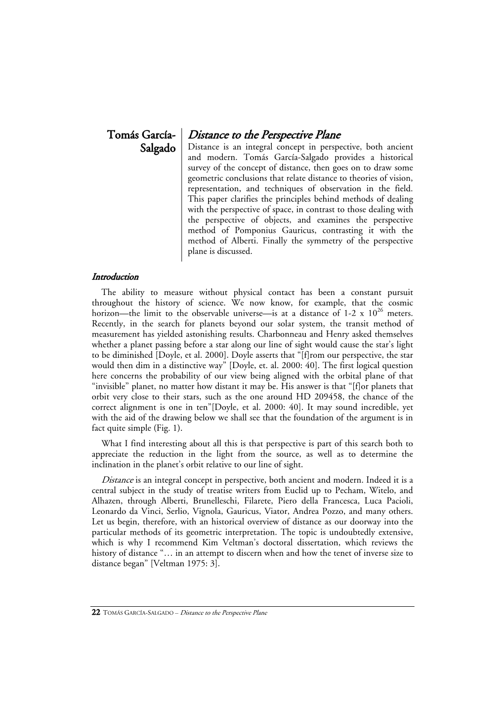 Distance to the Perspective Plane Salgado Distance Is an Integral Concept in Perspective, Both Ancient and Modern