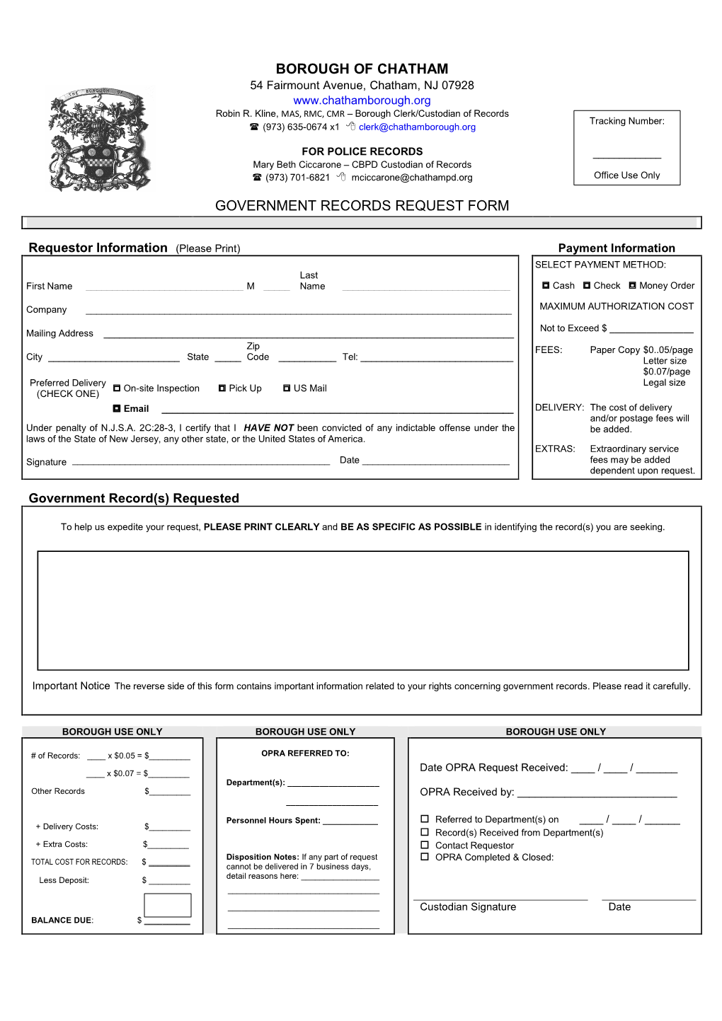 Borough of Chatham Government Records Request Form