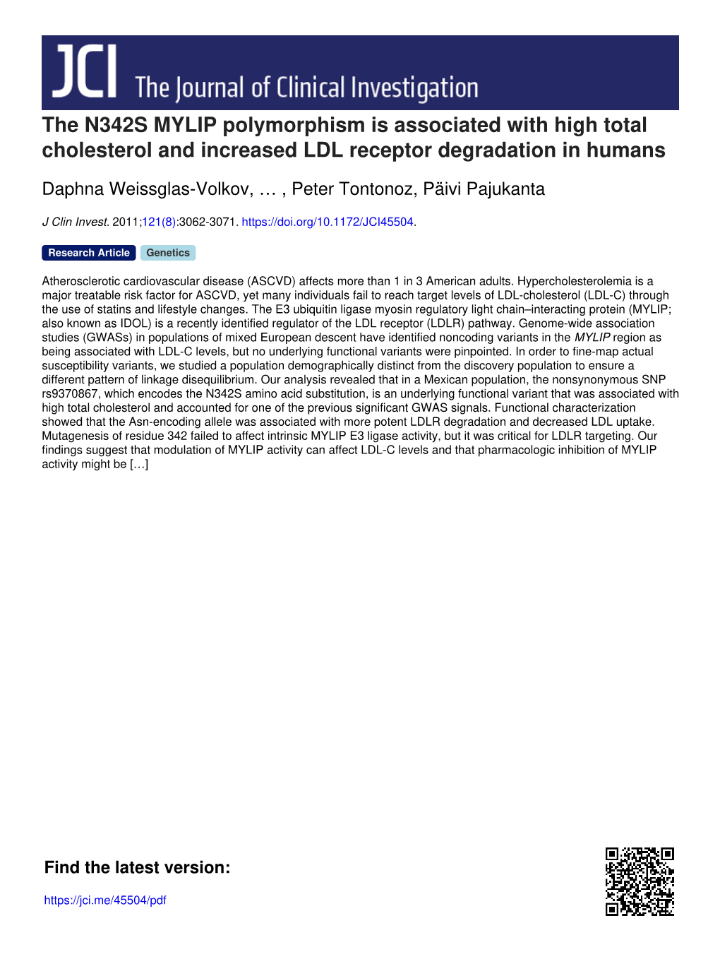 The N342S MYLIP Polymorphism Is Associated with High Total Cholesterol and Increased LDL Receptor Degradation in Humans