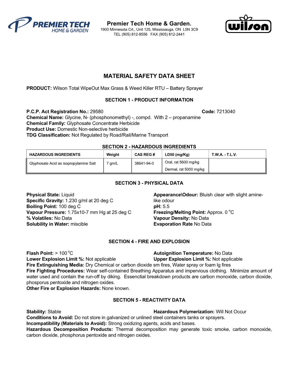 Premier Tech Home & Garden. MATERIAL SAFETY DATA SHEET