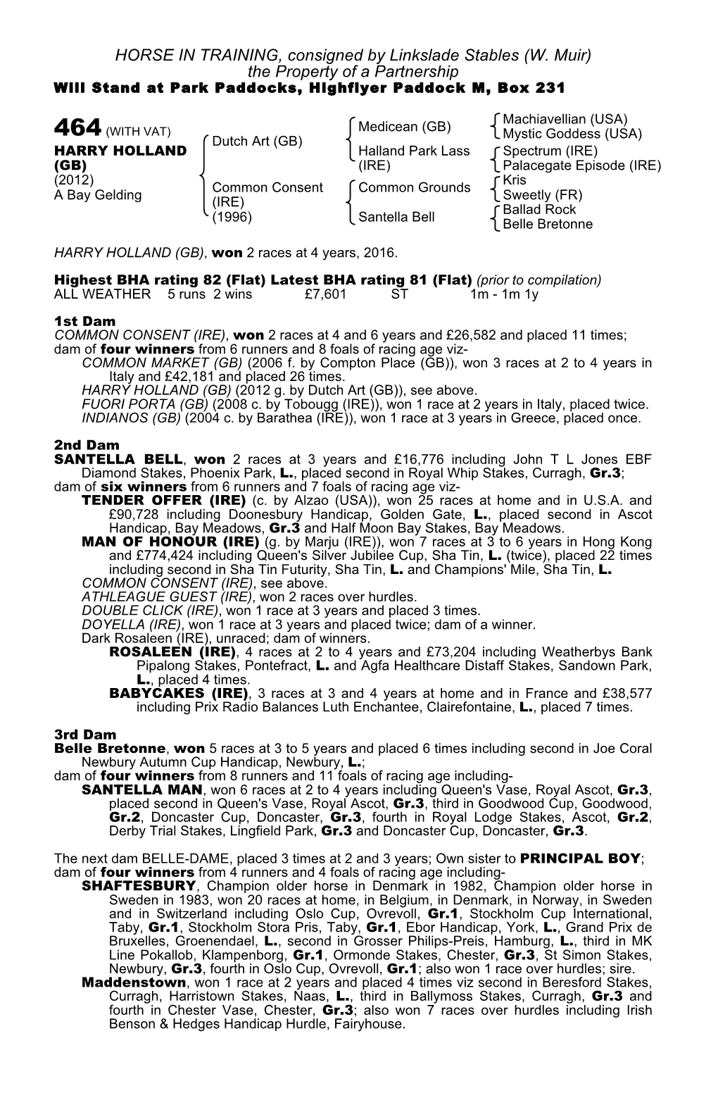 W. Muir) the Property of a Partnership Will Stand at Park Paddocks, Highflyer Paddock M, Box 231