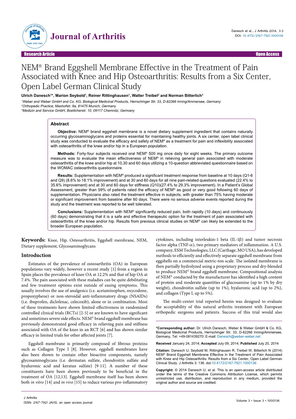 NEM Brand Eggshell Membrane Effective in the Treatment of Pain Associated with Knee and Hip Osteoarthritis Results from A