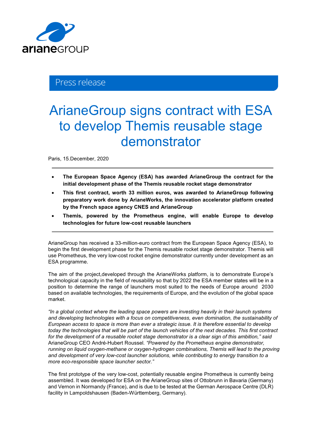 Arianegroup Signs Contract with ESA to Develop Themis Reusable Stage Demonstrator