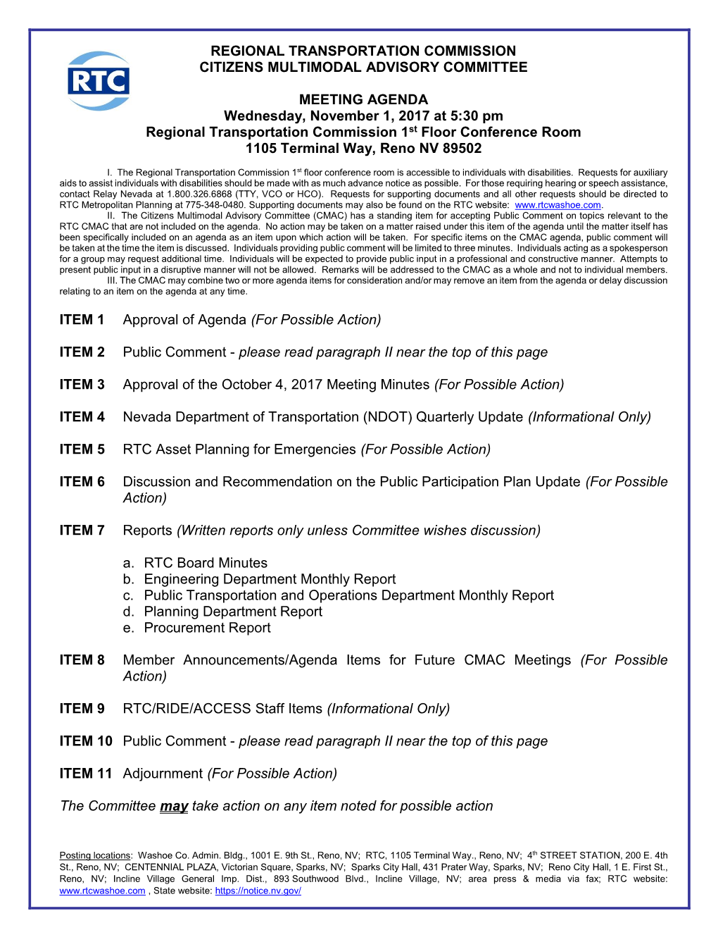 REGIONAL TRANSPORTATION COMMISSION CITIZENS MULTIMODAL ADVISORY COMMITTEE MEETING AGENDA Wednesday, November 1, 2017 at 5:30 Pm