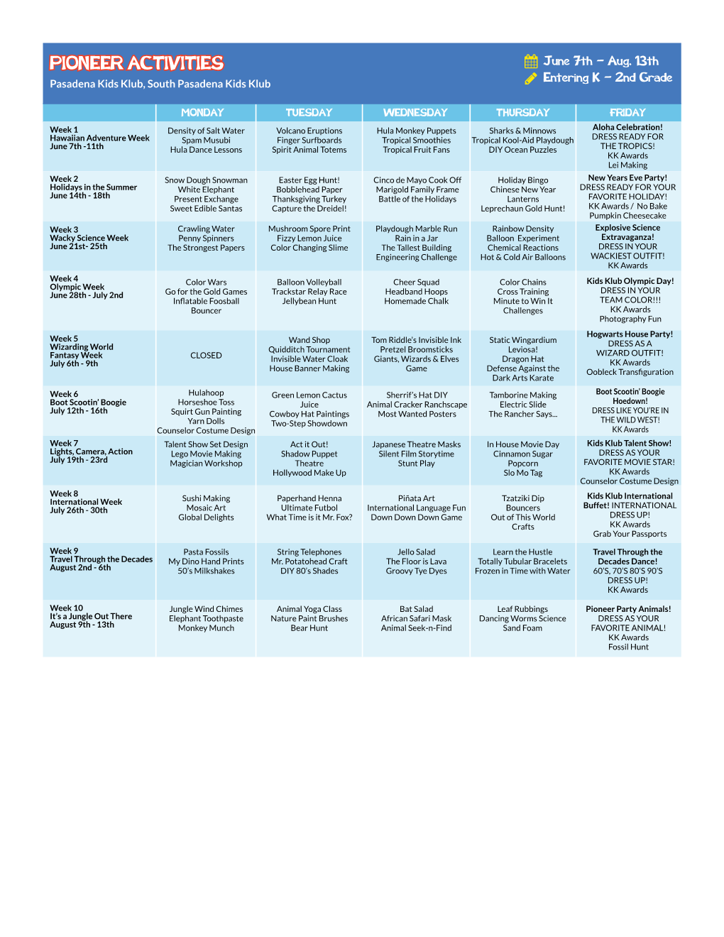 Summer Camp Activity Schedule