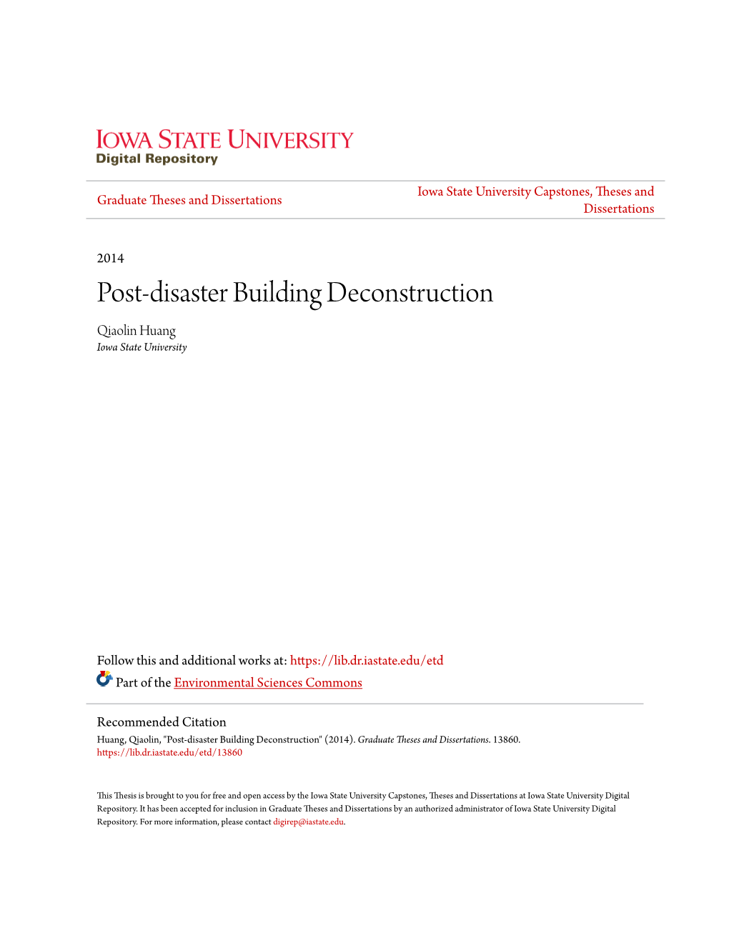 Post-Disaster Building Deconstruction Qiaolin Huang Iowa State University