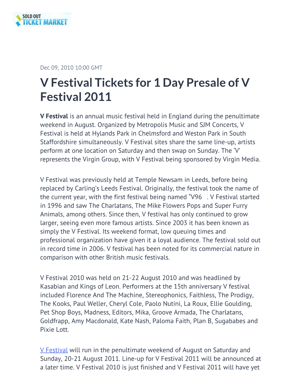 V Festival Tickets for 1 Day Presale of V Festival 2011