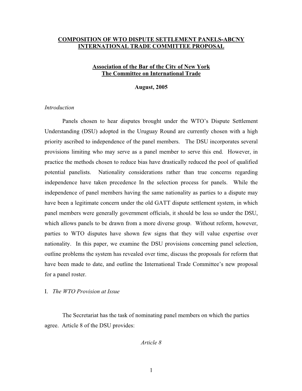 Composition of Wto Dispute Settlement Panels-Abcny International Trade Committee Proposal