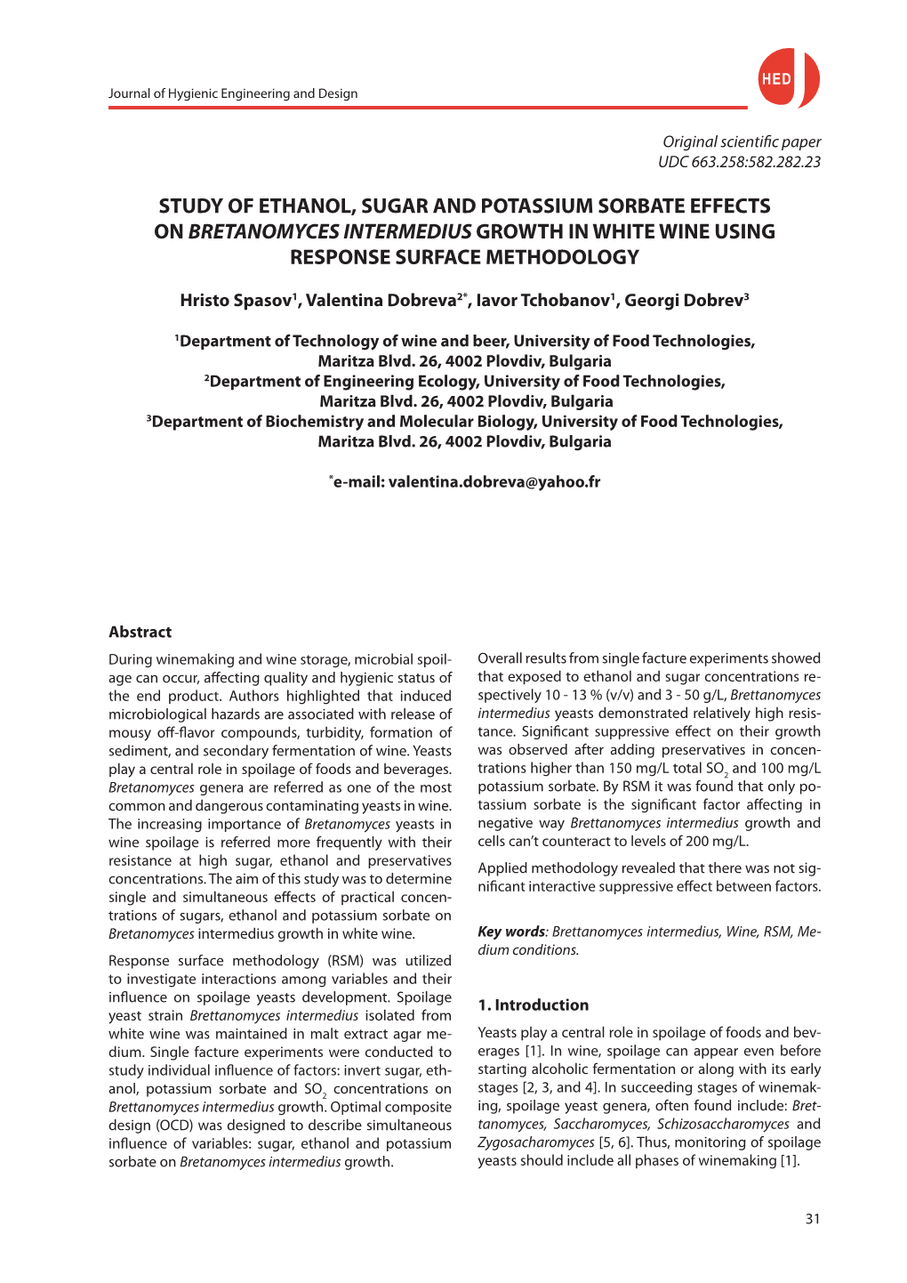 Study of Ethanol, Sugar and Potassium Sorbate Effects on Bretanomyces Intermedius Growth in White Wine Using Response Surface Methodology