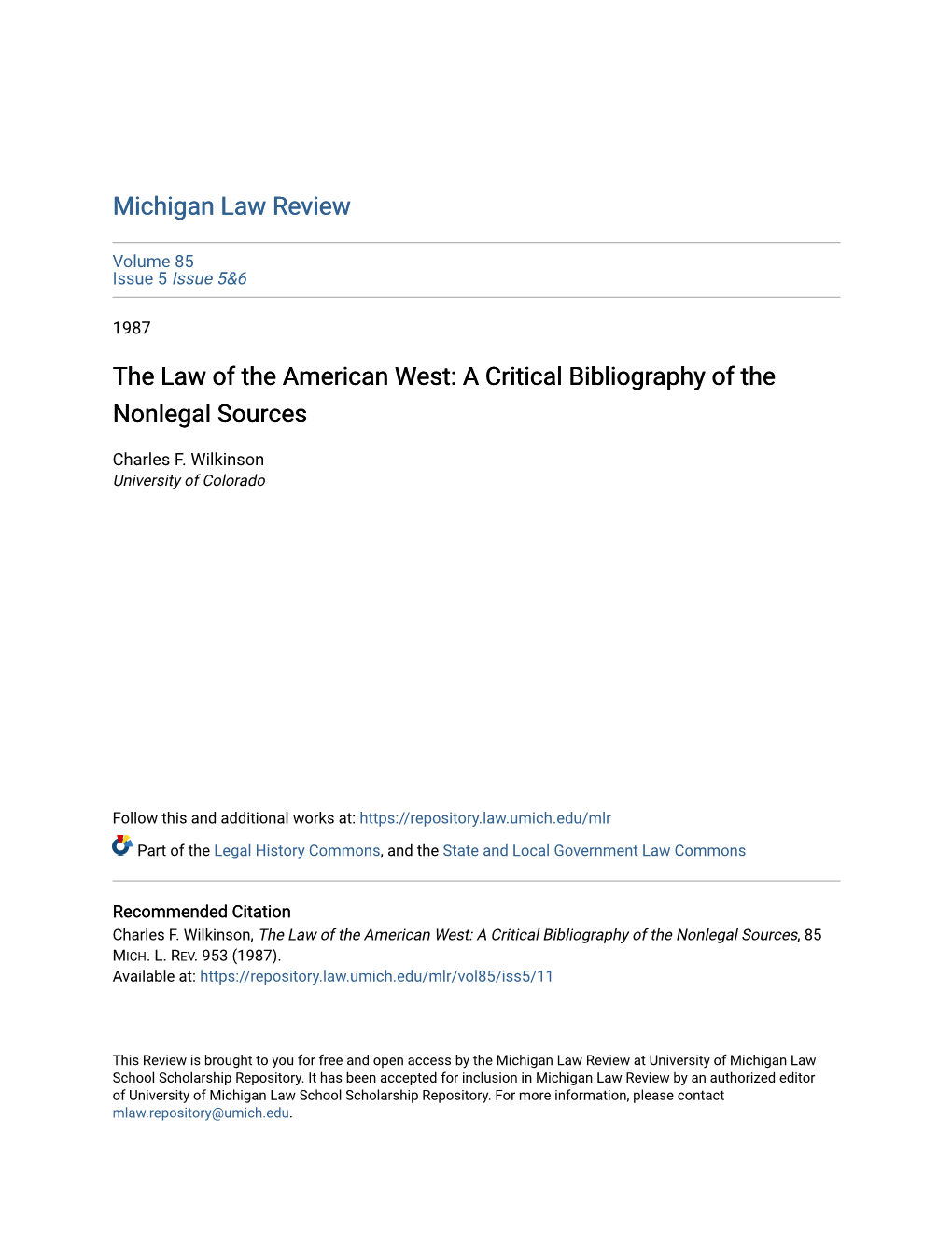 The Law of the American West: a Critical Bibliography of the Nonlegal Sources