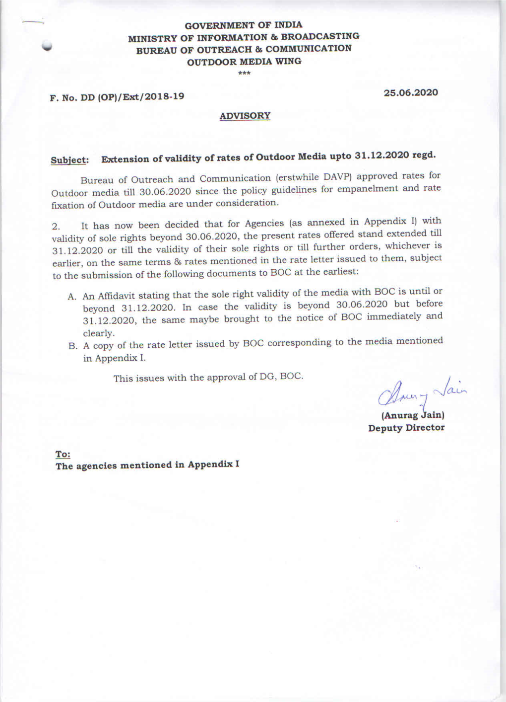 Extension of Validity of Rates of Outdoor Media up to 31.12.2020 Regd