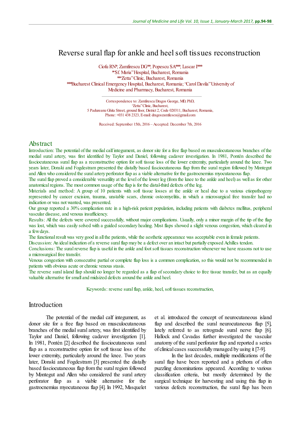 Reverse Sural Flap for Ankle and Heel Soft Tissues Reconstruction