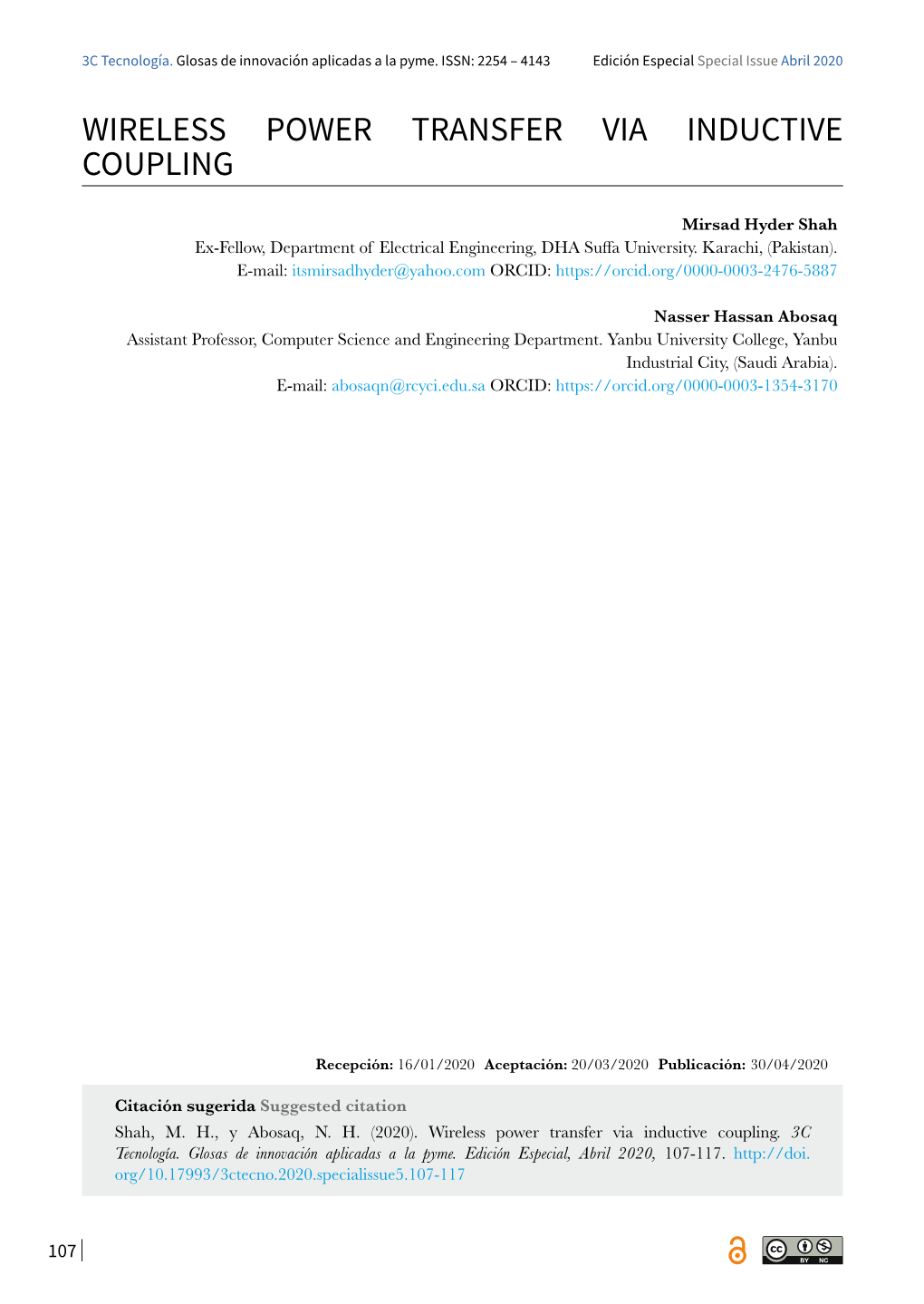 WIRELESS POWER TRANSFER VIA INDUCTIVE COUPLING Mirsad Hyder Shah Ex-Fellow, Department of Electrical Engineering, DHA Suffa University