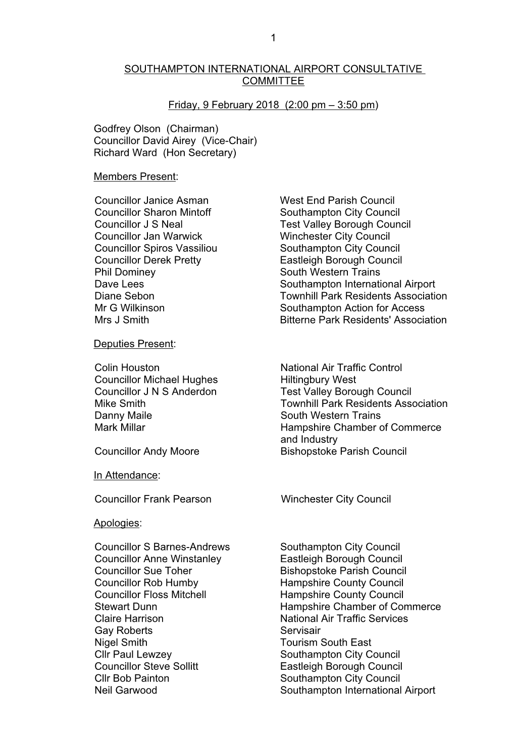 1 SOUTHAMPTON INTERNATIONAL AIRPORT CONSULTATIVE COMMITTEE Friday, 9 February 2018